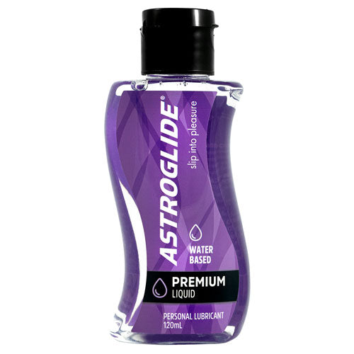 Astroglide Premium Liquid 120ml bottle with a sleek design, showcasing its water-based lubricant for enhanced sexual pleasure.