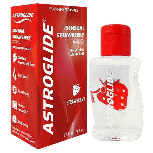 Astroglide Sensual Strawberry 2.5fl.oz lubricant bottle with a vibrant strawberry design, showcasing its fruity flavor and water-based formula.