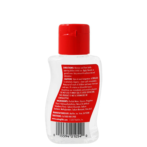 Astroglide Sensual Strawberry 2.5fl.oz lubricant bottle with a vibrant strawberry design, showcasing its fruity flavor and water-based formula.