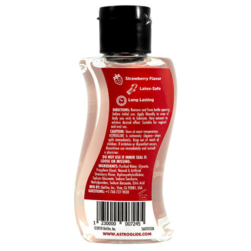 Astroglide Strawberry Liquid 120ml bottle with a vibrant strawberry design, showcasing its water-based lubricant formula for enhanced intimacy.