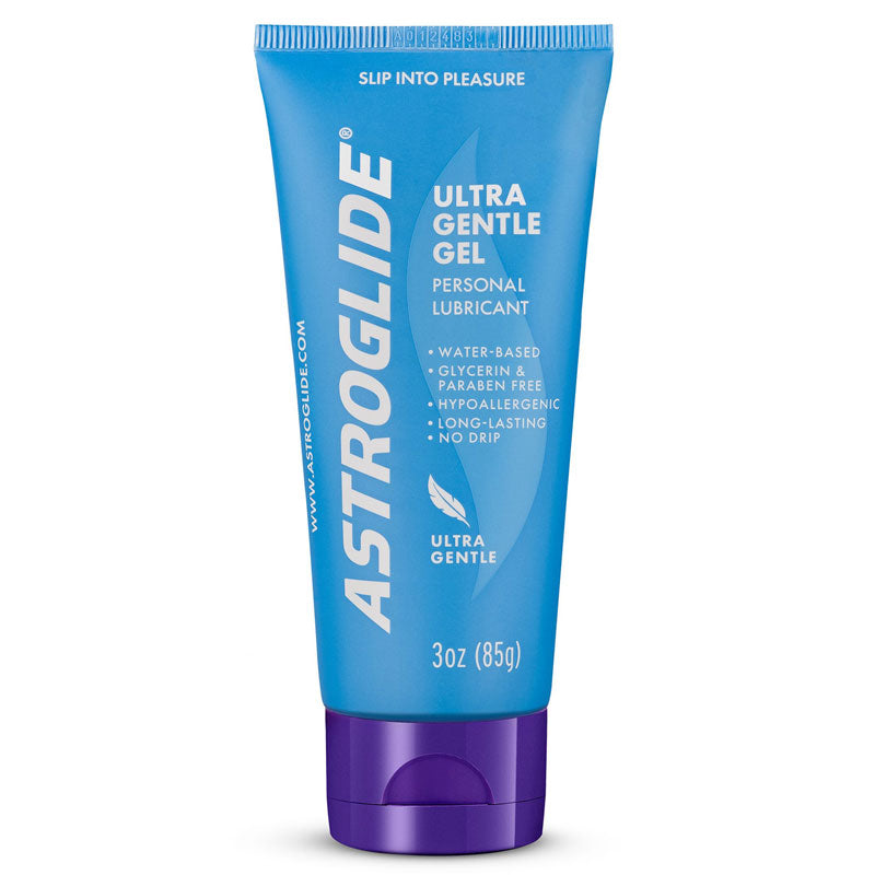 Astroglide Ultra Gentle Gel 3fl.oz bottle with a sleek design, showcasing its hypoallergenic and water-based formula for sensitive skin.