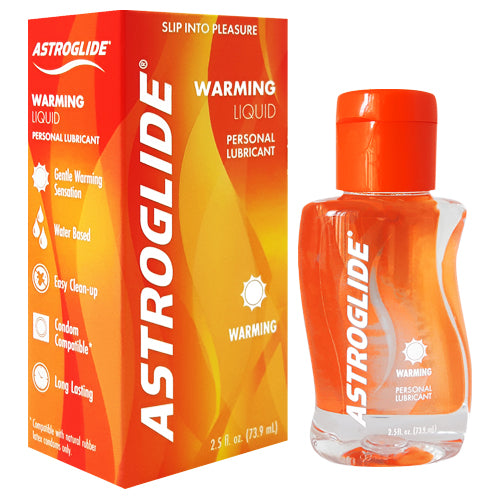 Astroglide Warming Liquid 2.5 fl. oz bottle with a sleek design, showcasing its water-based lubricant formula for enhanced intimacy.