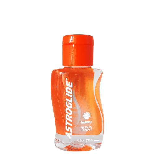 Astroglide Warming Liquid 2.5 fl. oz bottle with a sleek design, showcasing its water-based lubricant formula for enhanced intimacy.