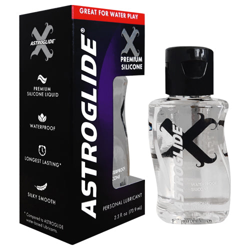 Astroglide X Premium Silicone lubricant bottle, 2.5 fl. oz, featuring a sleek design and high-quality silicone-based formula for enhanced intimacy.