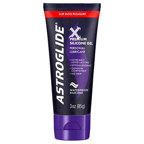 Astroglide X Premium Silicone lubricant bottle, 3 fl. oz, featuring a sleek design and waterproof label, ideal for enhancing intimate experiences.