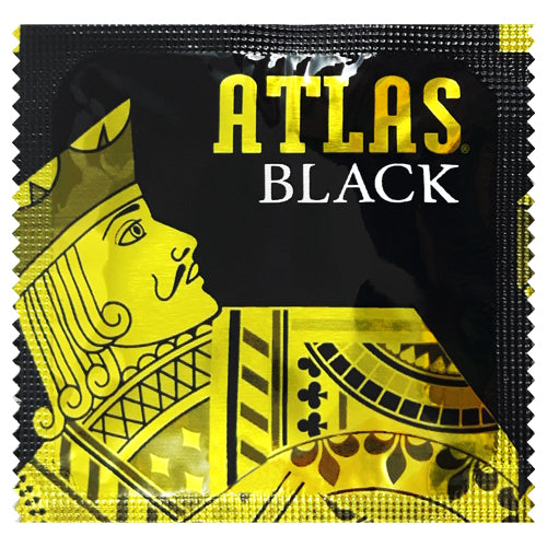 Atlas Black condoms in a sleek black packaging, showcasing their unflavored natural rubber latex design and silicone-based lubricant for enhanced pleasure.