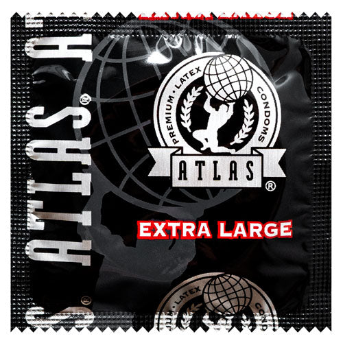 Atlas Extra Large condom package featuring premium latex, extra lubrication, and a transparent design for enhanced pleasure.