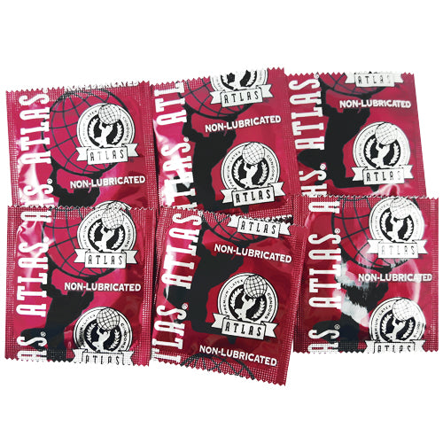 Atlas Non-Lubricated condoms in a clear packaging, showcasing their natural rubber latex material and straight-sided shape.