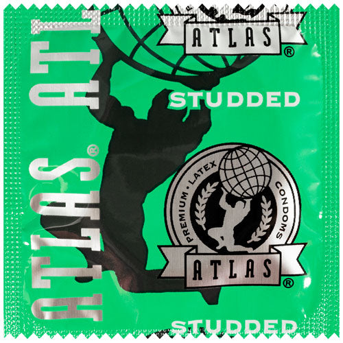 Atlas Studded condoms featuring a unique pattern of raised studs for enhanced pleasure, made from natural rubber latex with a silicone-based lubricant.