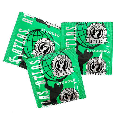 Atlas Studded condoms featuring a unique pattern of raised studs for enhanced pleasure, made from natural rubber latex with a silicone-based lubricant.