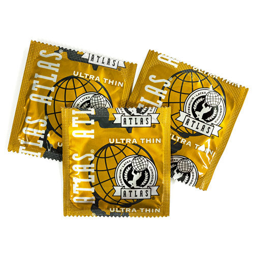 Atlas Ultra Thin condoms displayed in a sleek packaging, showcasing their ultra-thin design and silicone-based lubricant for enhanced comfort.