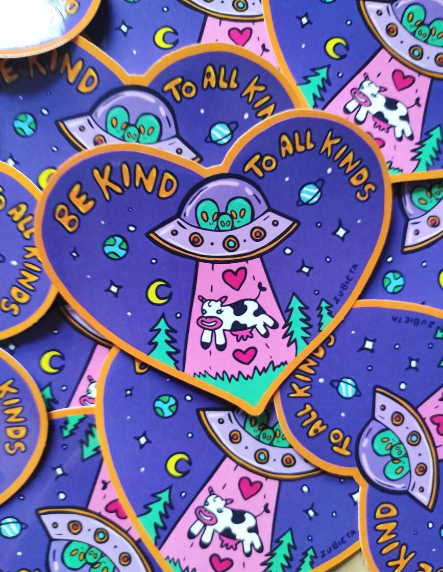 Be Kind To All Kinds waterproof sticker featuring a colorful psychedelic design, perfect for laptops and water bottles.