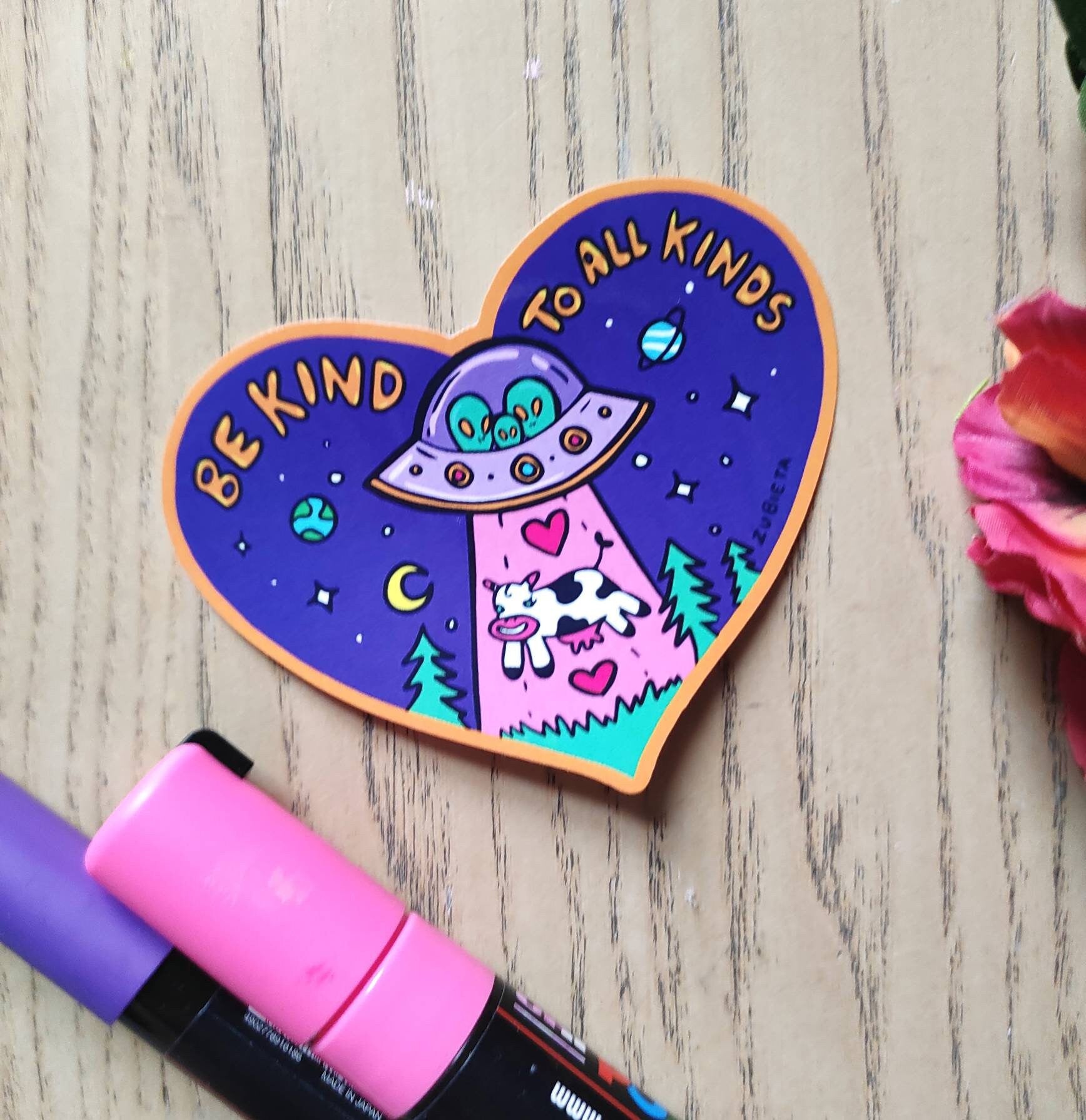 Be Kind To All Kinds waterproof sticker featuring a colorful psychedelic design, perfect for laptops and water bottles.