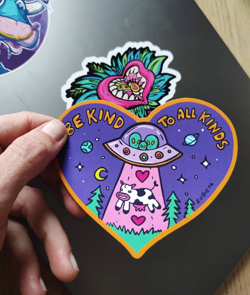 Be Kind To All Kinds waterproof sticker featuring a colorful psychedelic design, perfect for laptops and water bottles.