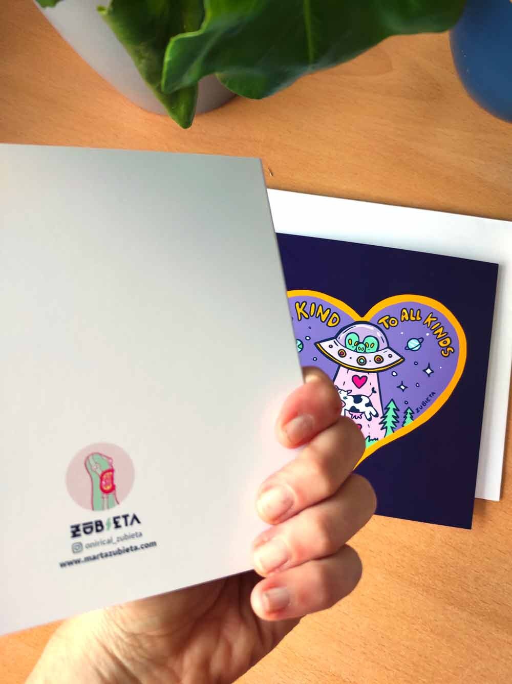 A vibrant 'Be Kind To All Kinds' greeting card featuring psychedelic digital art, with a square envelope and a sticker included.