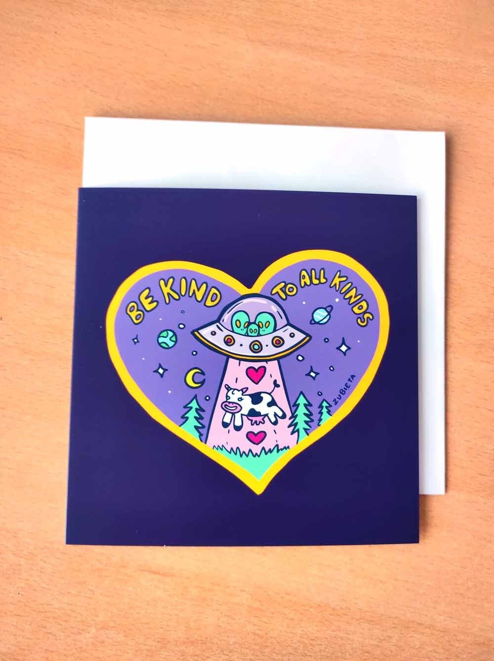 A vibrant 'Be Kind To All Kinds' greeting card featuring psychedelic digital art, with a square envelope and a sticker included.