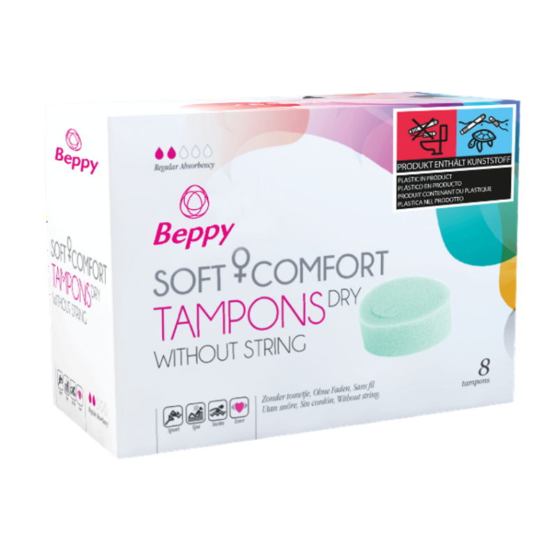 Beppy Soft Comfort Tampons DRY Box 8, stringless and comfortable tampons for active women, individually wrapped for hygiene.