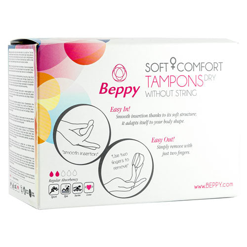 Beppy Soft Comfort Tampons DRY Box 8, stringless and comfortable tampons for active women, individually wrapped for hygiene.