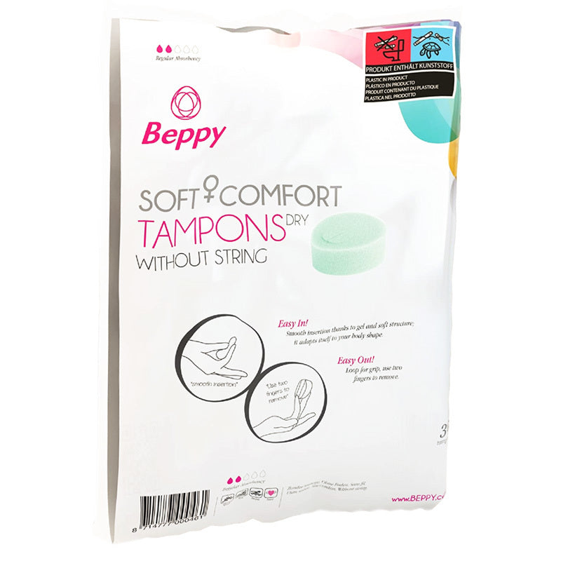 Beppy Soft Comfort Tampons DRY Pack 30, stringless design, hygienic packaging, ideal for swimming and sports.