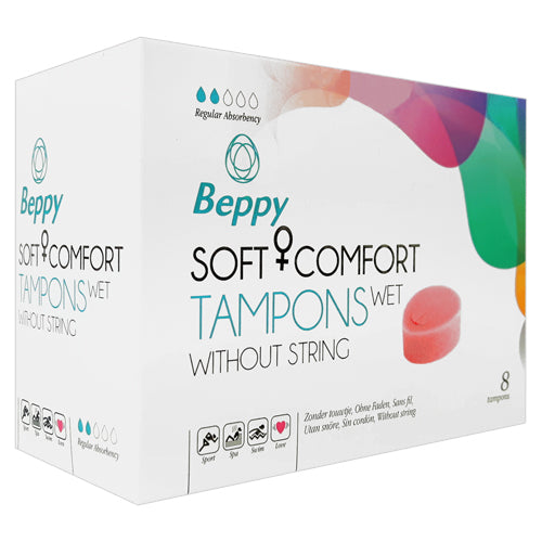 Beppy Soft Comfort Tampons WET Box containing 8 flexible sponge tampons designed for comfort and leak protection during menstruation.