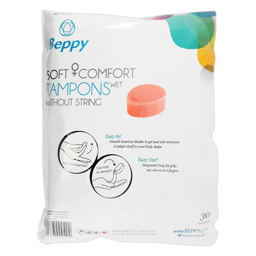 Beppy Soft Comfort Tampons WET Pack containing 30 flexible sponge tampons designed for comfort and protection during menstruation.