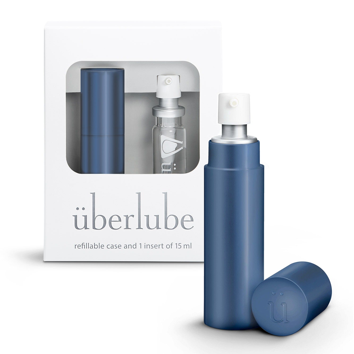 überlube Navy Refillable case with 15ml insert, elegantly designed for travel and intimacy.