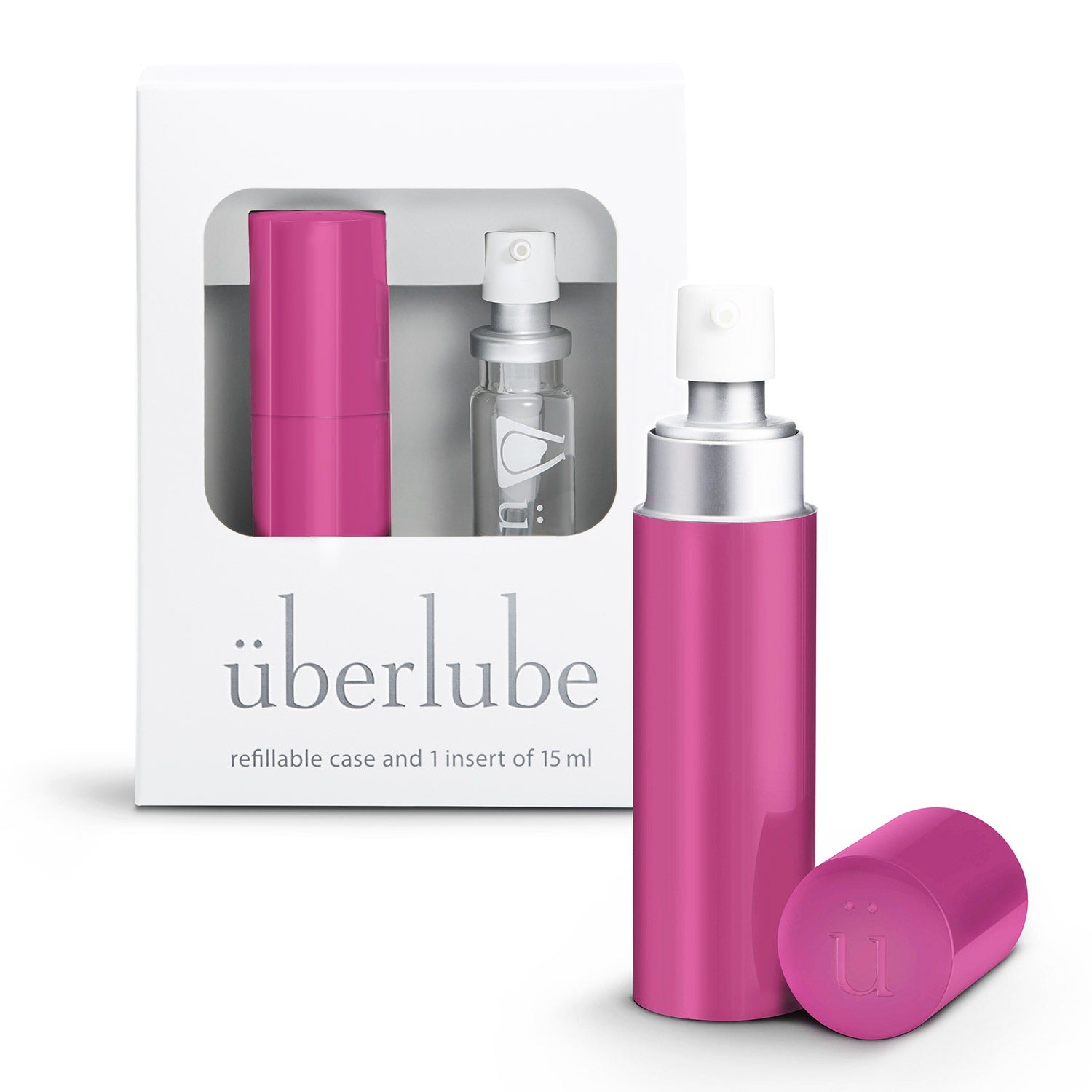 überlube Pink Refillable case with 15ml insert, elegantly designed for travel and discreet use.