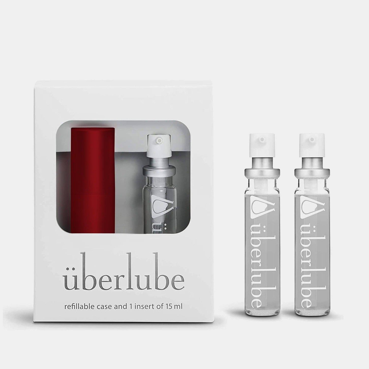 überlube Red Good-to-Go Traveler Set with three 15ml refills in a sleek black metal case, perfect for travel.