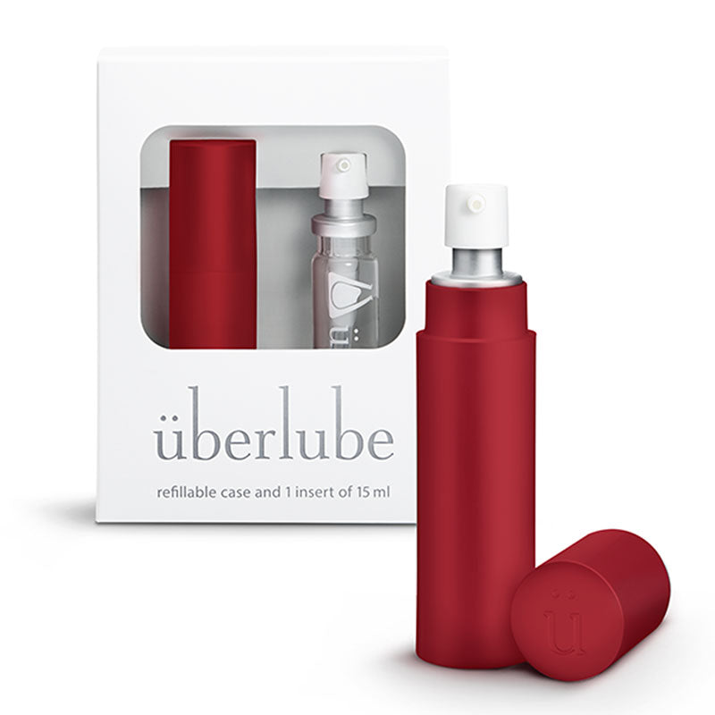 überlube Red Refillable Case with 15 ml insert, showcasing its compact design and travel-friendly features.