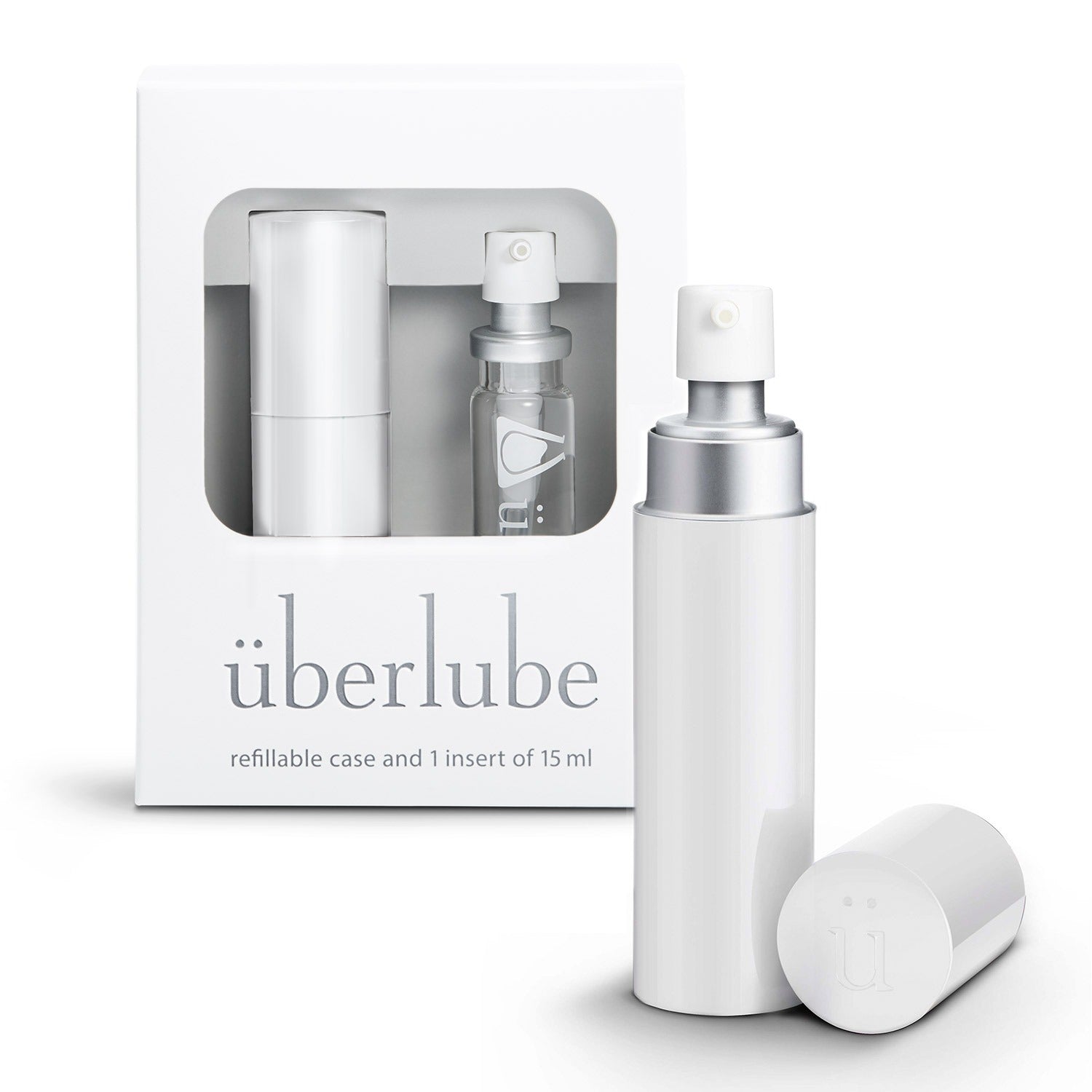 Elegant white refillable case with 15ml silicone-based lubricant insert, perfect for travel and discreet use.