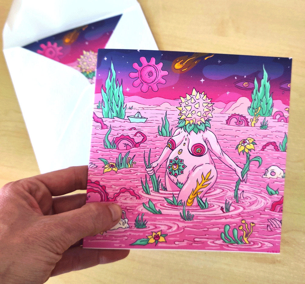 A beautifully designed Birth Greeting Card featuring surreal universes, perfect for new mums, with a recycled envelope.