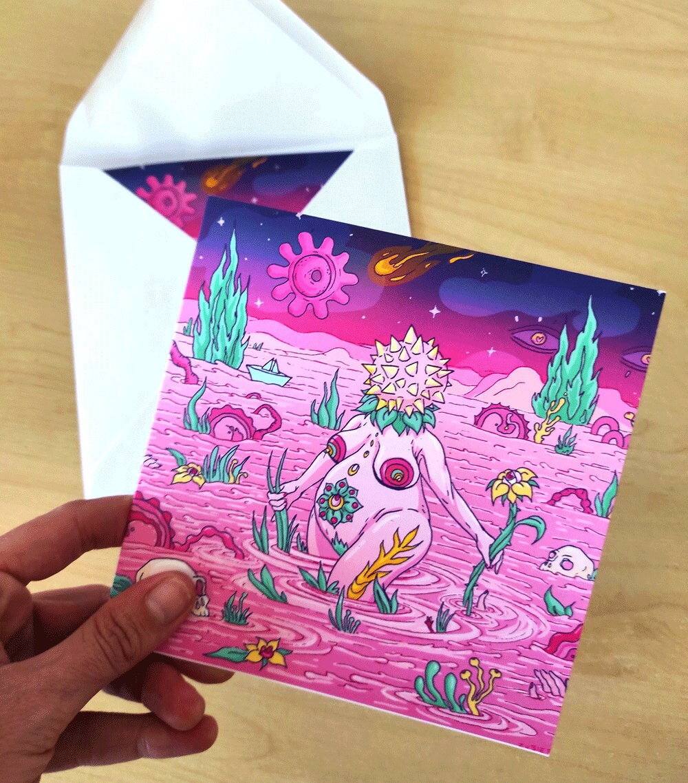 A beautifully designed Birth Greeting Card featuring surreal universes, perfect for new mums, with a recycled envelope.