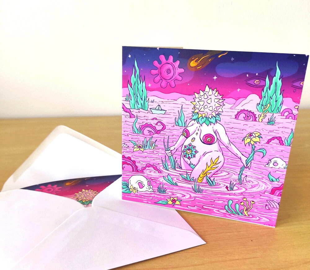 A beautifully designed Birth Greeting Card featuring surreal universes, perfect for new mums, with a recycled envelope.