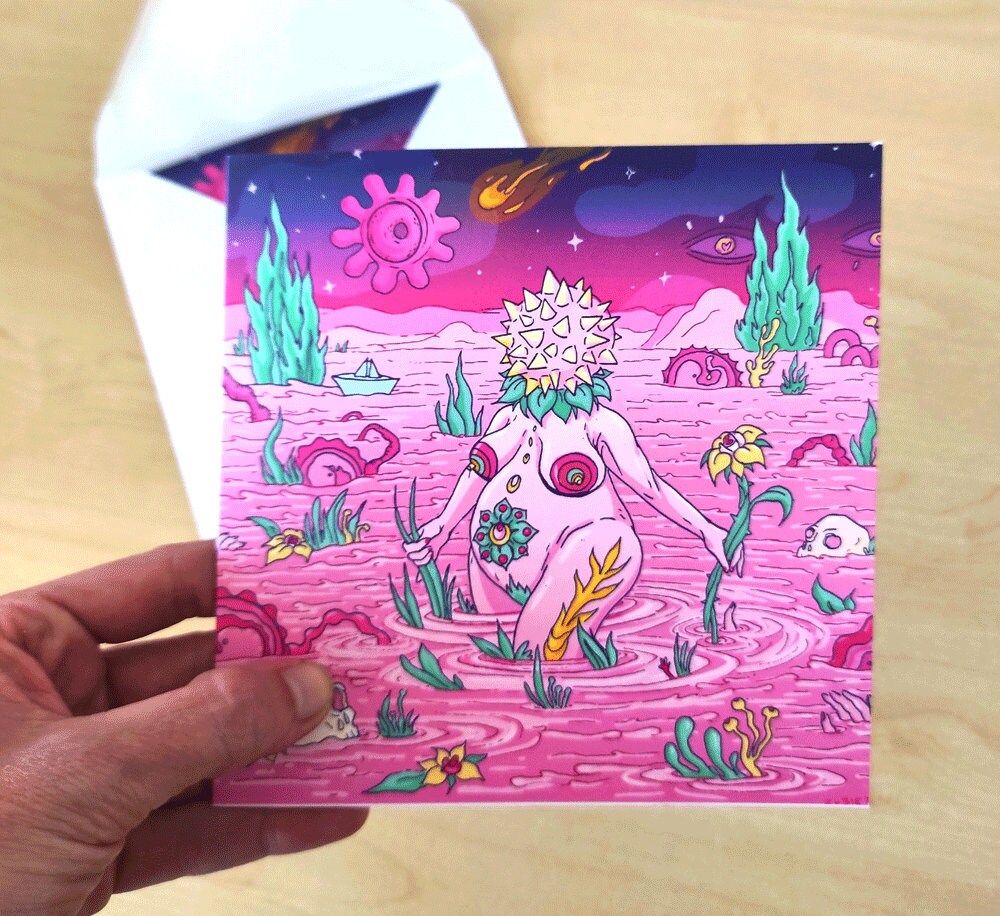 A beautifully designed Birth Greeting Card featuring surreal universes, perfect for new mums, with a recycled envelope.