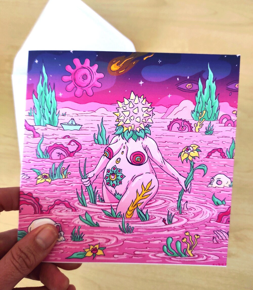 A beautifully designed Birth Greeting Card featuring surreal universes, perfect for new mums, with a recycled envelope.