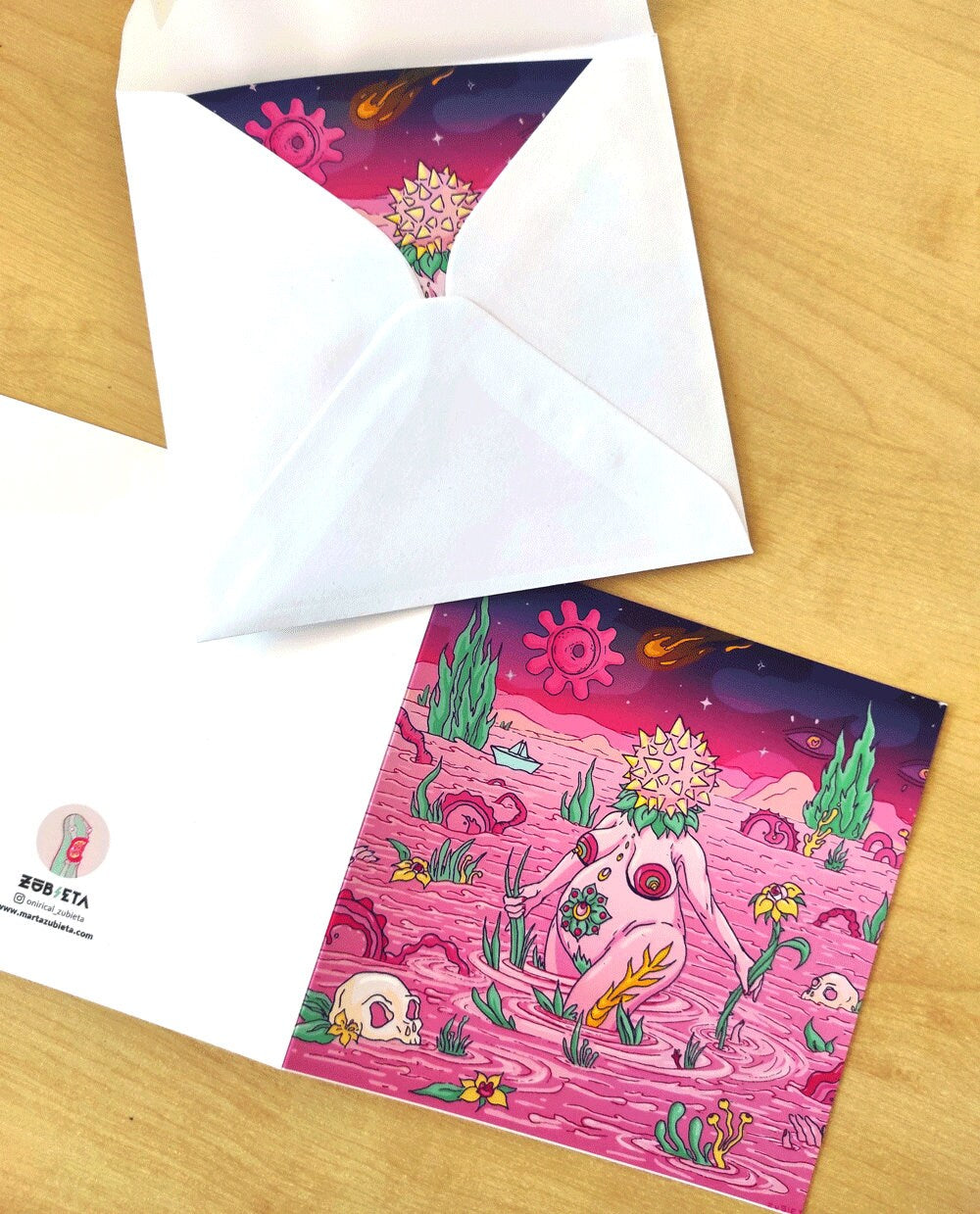 A beautifully designed Birth Greeting Card featuring surreal universes, perfect for new mums, with a recycled envelope.