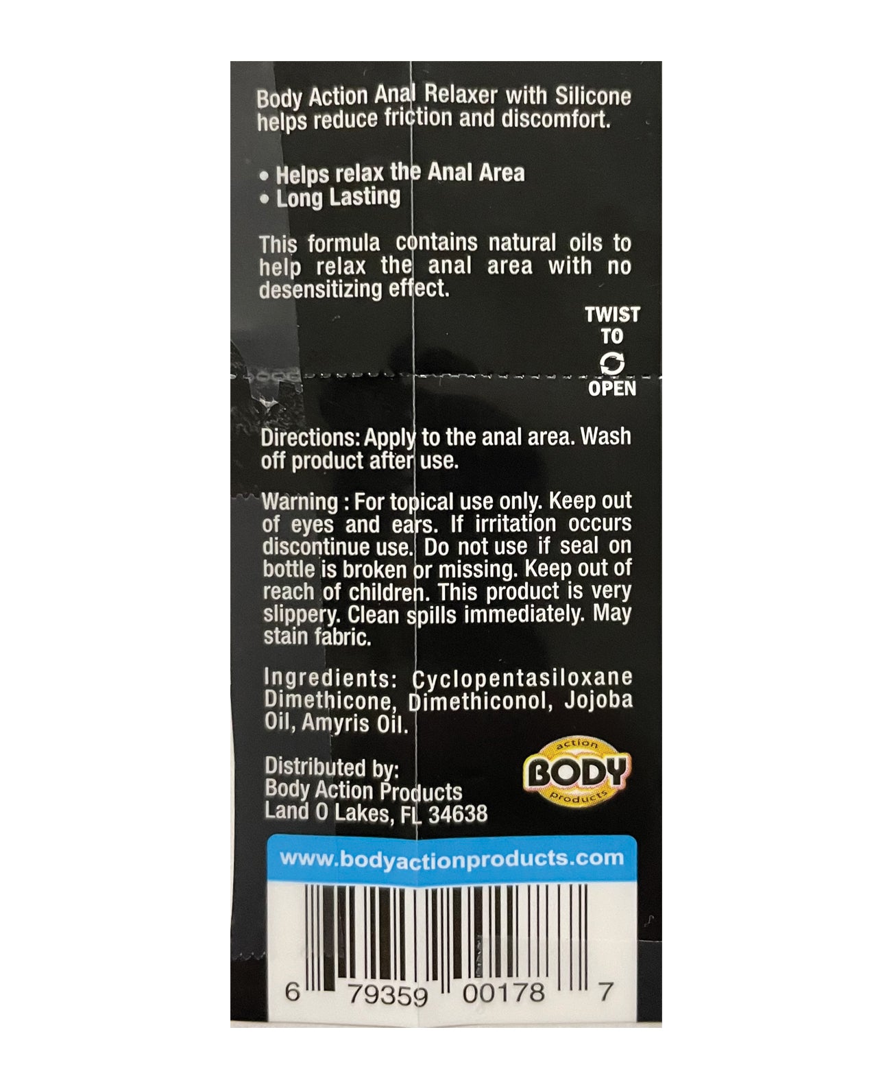 Body Action ANAL Relaxer Silicone lubricant bottle with natural oils for enhanced comfort during anal play.