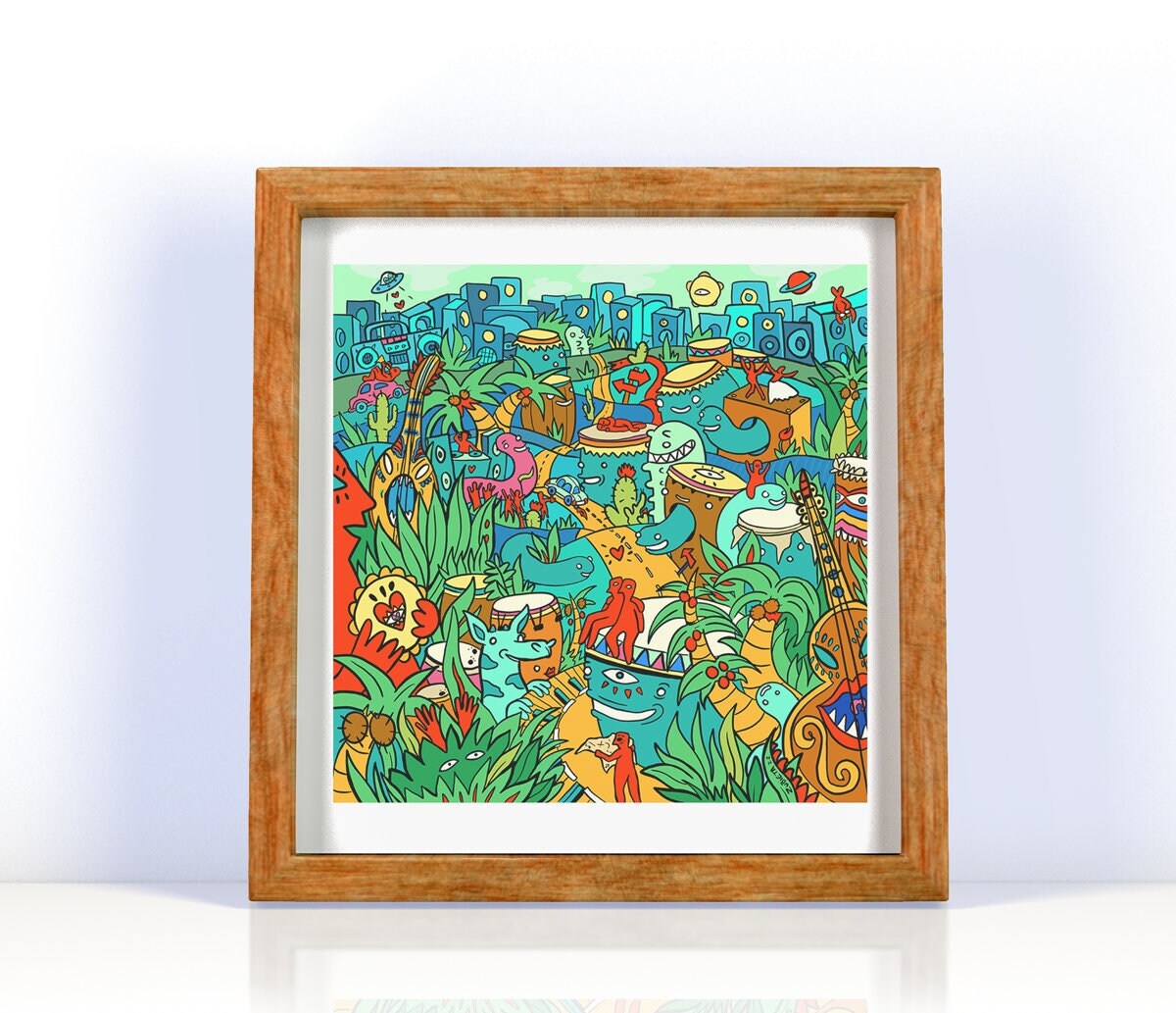 A vibrant gicleé print of Bongo City, showcasing a surreal cityscape filled with colorful characters, buildings, and plants inspired by Brazilian music.