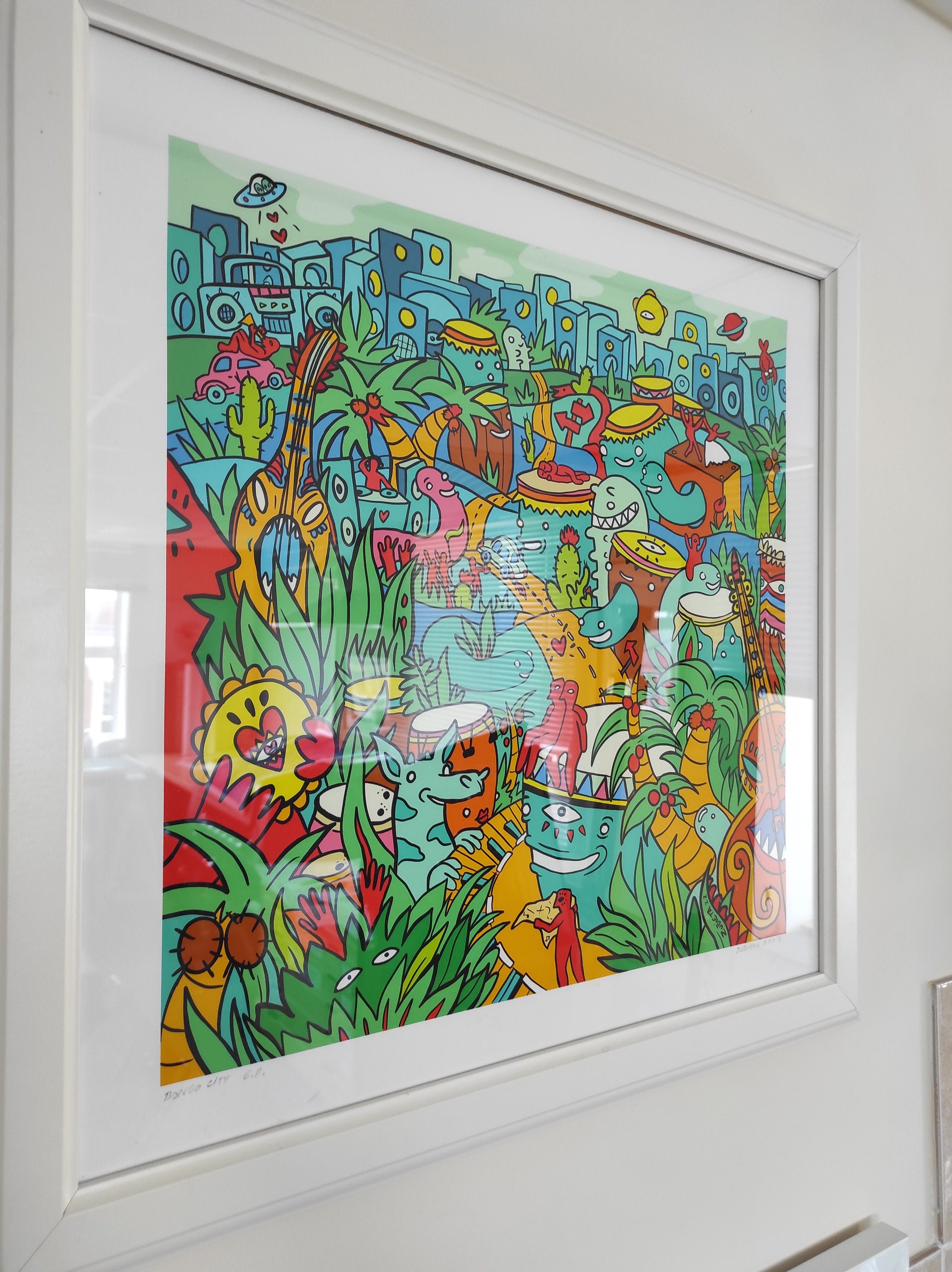 A vibrant gicleé print of Bongo City, showcasing a surreal cityscape filled with colorful characters, buildings, and plants inspired by Brazilian music.