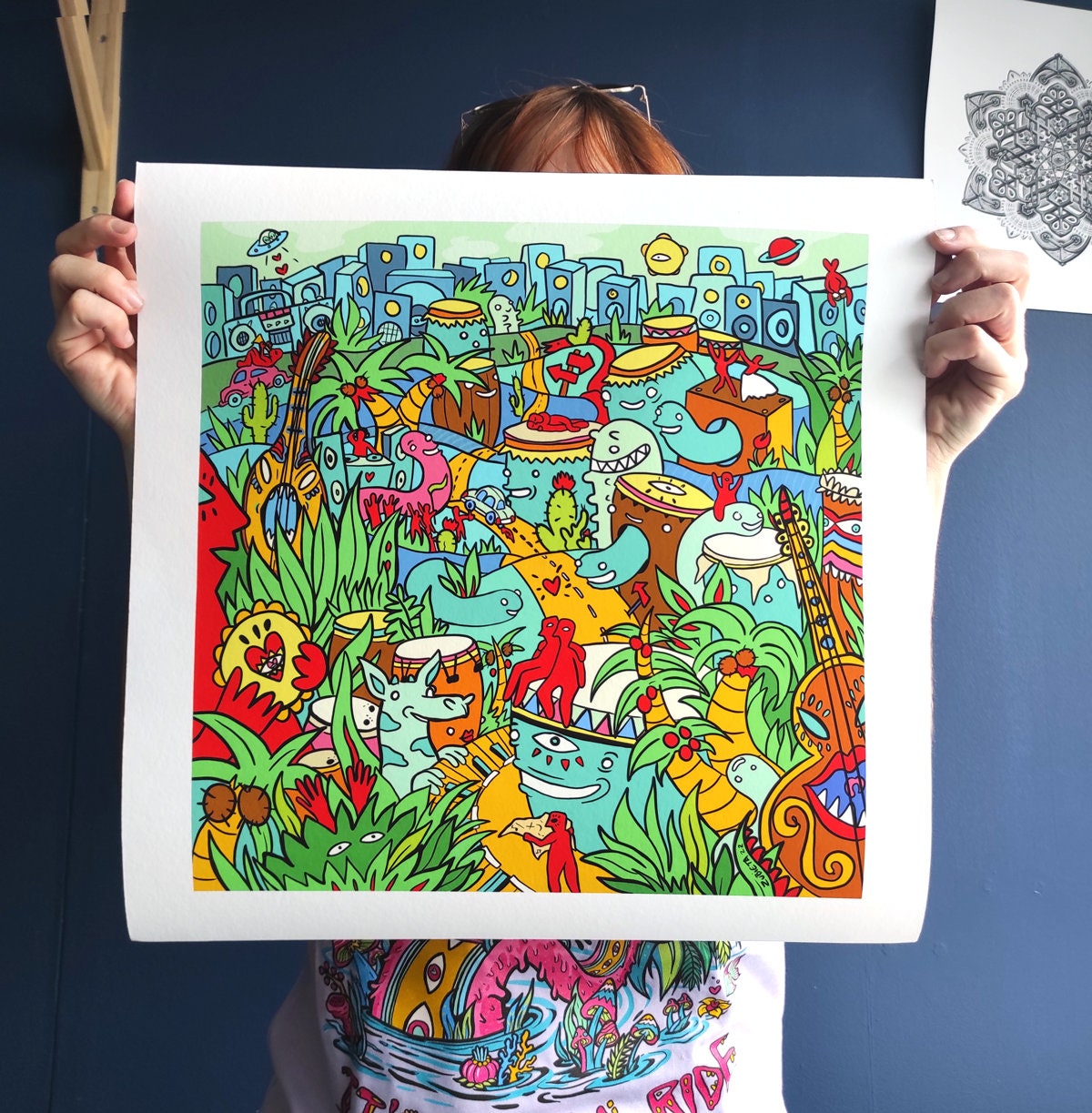 A vibrant gicleé print of Bongo City, showcasing a surreal cityscape filled with colorful characters, buildings, and plants inspired by Brazilian music.