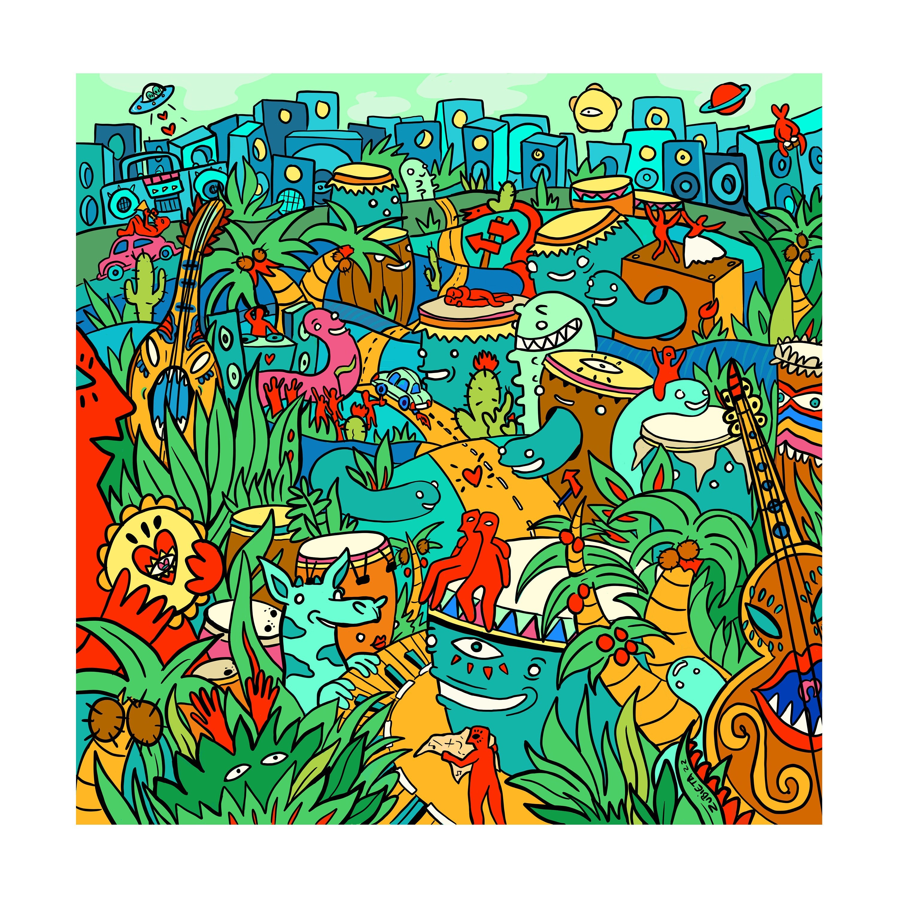 A vibrant gicleé print of Bongo City, showcasing a surreal cityscape filled with colorful characters, buildings, and plants inspired by Brazilian music.