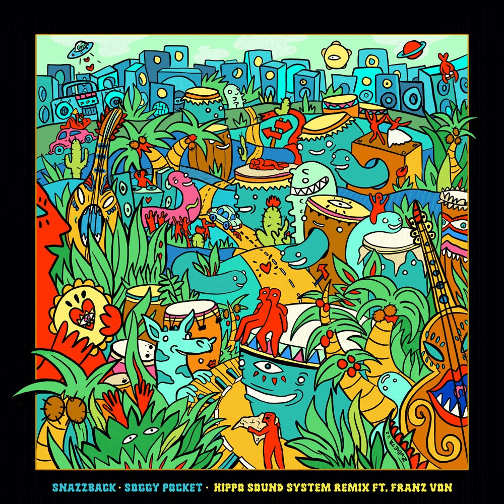 A vibrant gicleé print of Bongo City, showcasing a surreal cityscape filled with colorful characters, buildings, and plants inspired by Brazilian music.