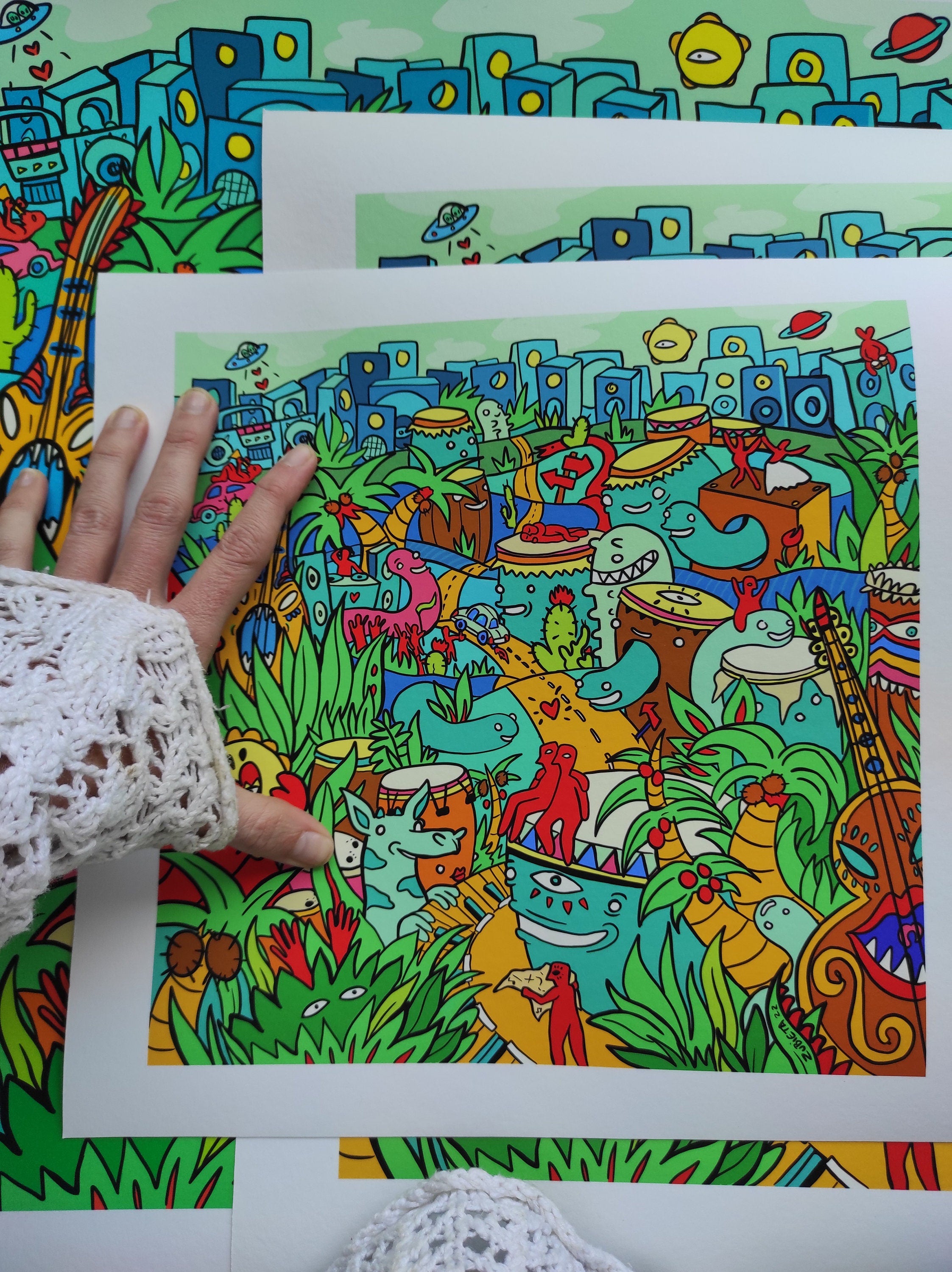 A vibrant gicleé print of Bongo City, showcasing a surreal cityscape filled with colorful characters, buildings, and plants inspired by Brazilian music.