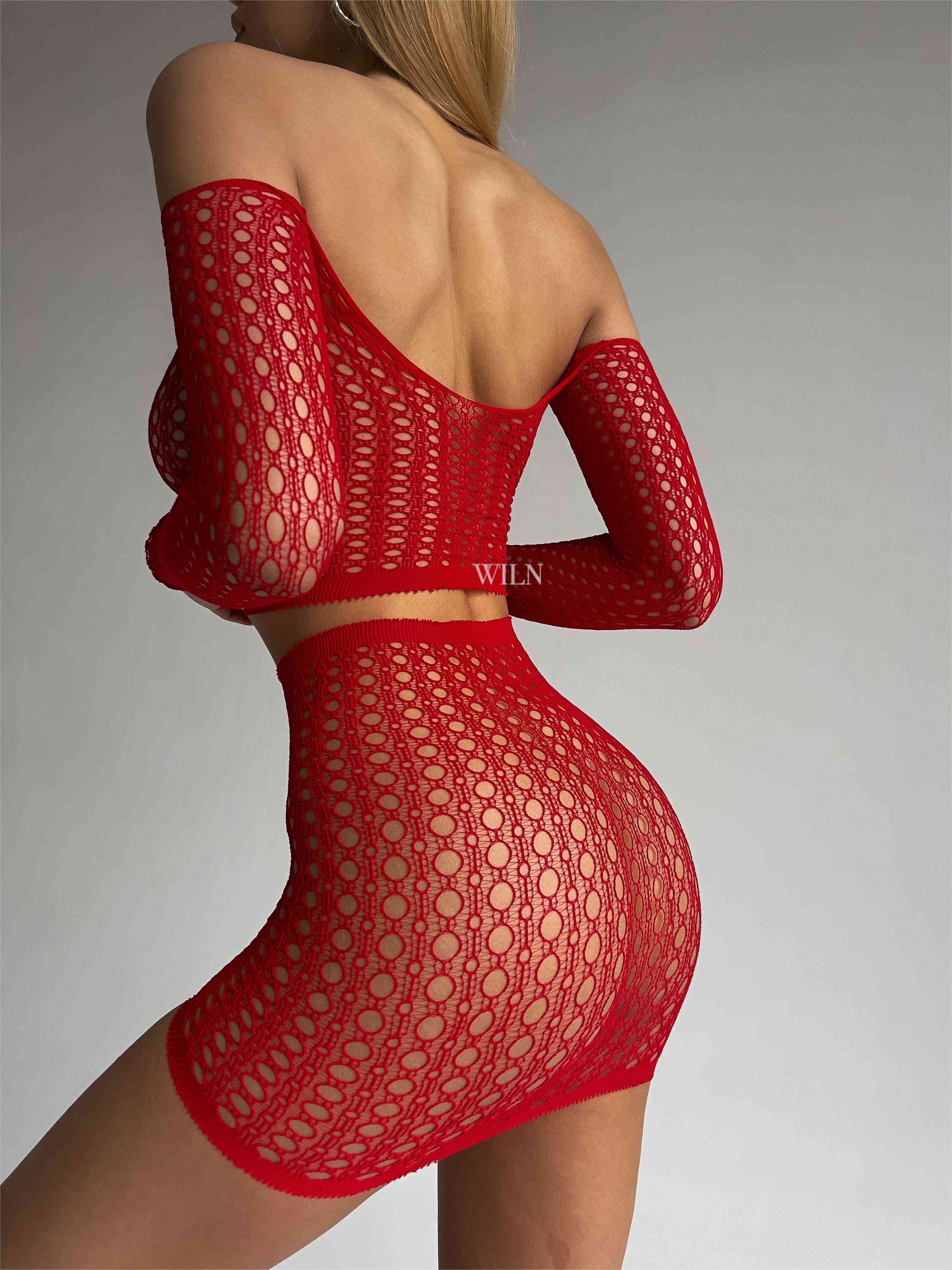 BORDELLE 2 Piece Bodystocking in Black and Red, showcasing a seductive fishnet design perfect for intimate occasions.