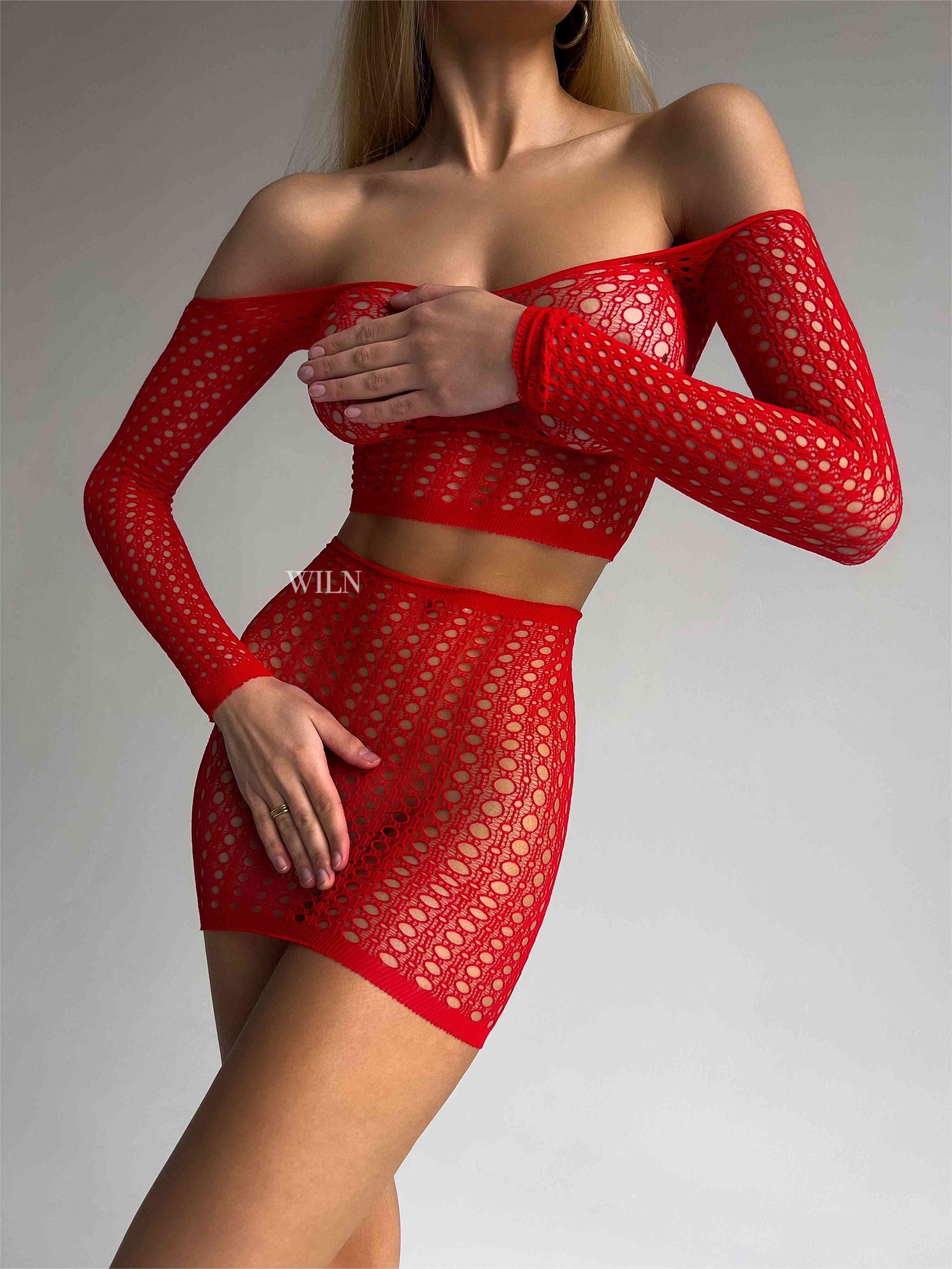 BORDELLE 2 Piece Bodystocking in Black and Red, showcasing a seductive fishnet design perfect for intimate occasions.