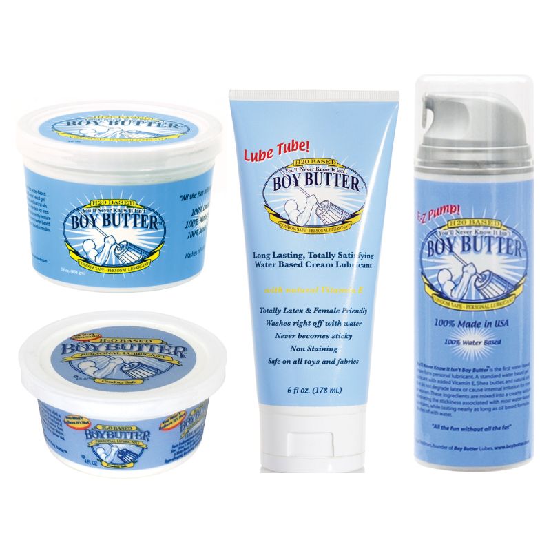 Boy Butter H2O Based lubricant bottle with a creamy texture, showcasing its water-based formula and natural ingredients.