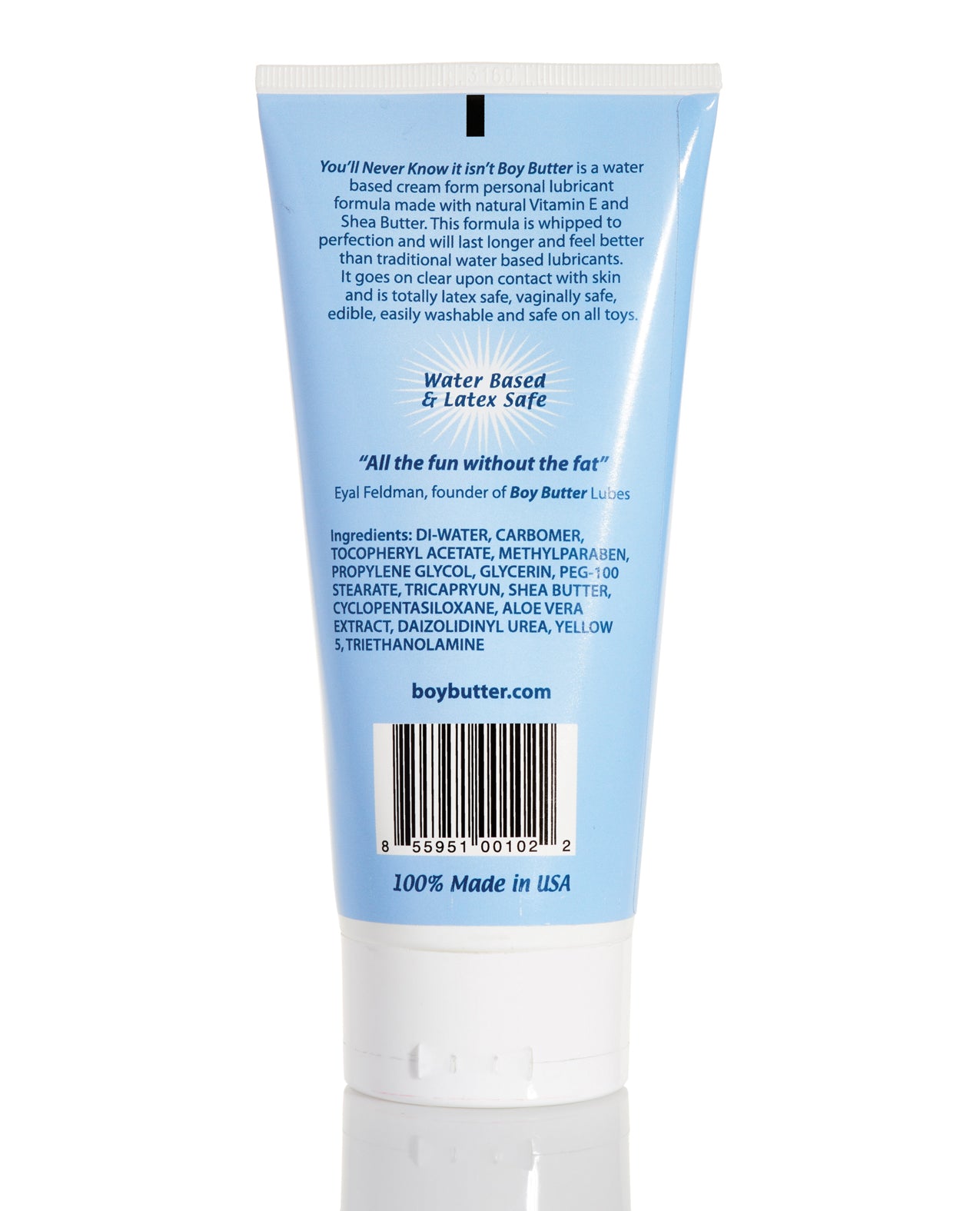 Boy Butter H2O Based lubricant bottle with a creamy texture, showcasing its water-based formula and natural ingredients.