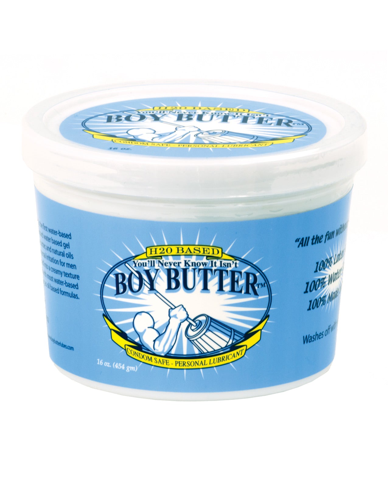 Boy Butter H2O Based lubricant bottle with a creamy texture, showcasing its water-based formula and natural ingredients.