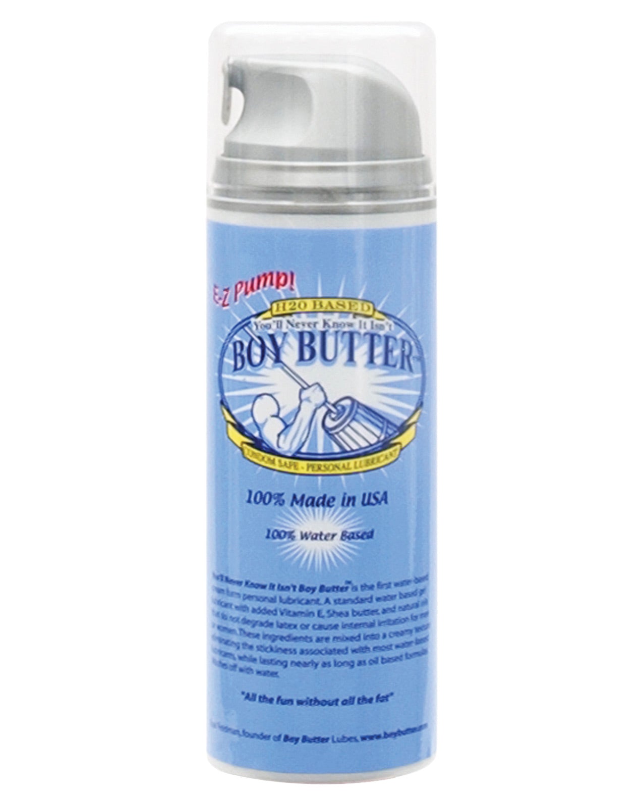 Boy Butter H2O Based lubricant bottle with a creamy texture, showcasing its water-based formula and natural ingredients.