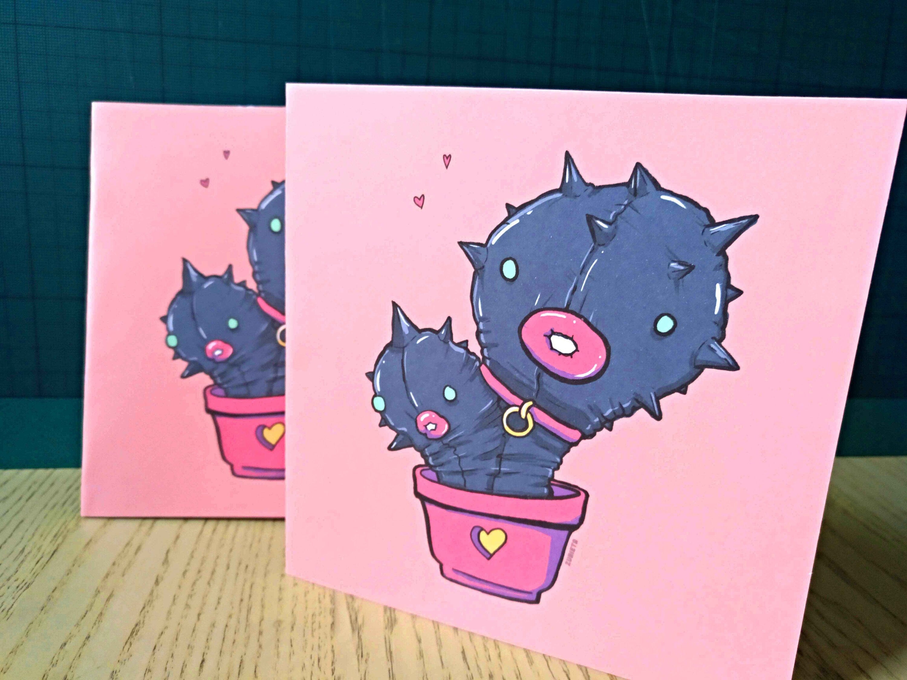 Cactus Fetish greeting card featuring quirky cactus illustration, eco-friendly envelope, and vibrant colors.